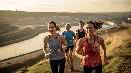 Group of mid aged adult women jogging uphill  in countryside rural hiking routine area, joyful and healthy lifestyle concept. - obrazy, fototapety, plakaty