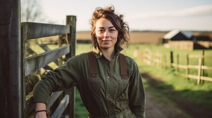 A portrait of a young female farmer wearing overalls standing and leaning on wooden fence outdoor on rural area with copy space. - obrazy, fototapety, plakaty
