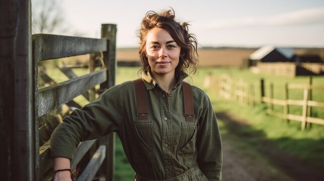 A portrait of a young female farmer wearing overalls standing and leaning on wooden fence outdoor on rural area with copy space.