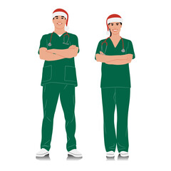 Healthcare worker with Santa hats set. Happy smiling doctor with a stethoscope wearing Christmas hats. Male and female nurses in Christmas color uniforms. Vector illustration set isolated on white