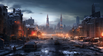 Snowy city street scene with cars and buildings in the background. A wintry urban backdrop suitable for winter-themed designs, holiday promotions, and seasonal marketing materials.