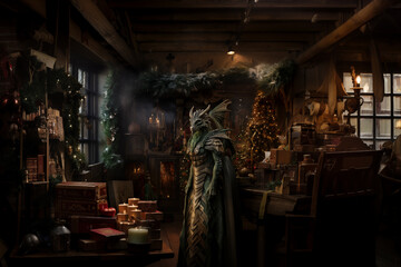 Fototapeta na wymiar Antique Interior: Large Green Wooden Dragon Statue Grandeur
