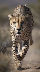 A cheetah wandering in the open desert, African savannah, / safari. Hunting for its prey. Generative AI.