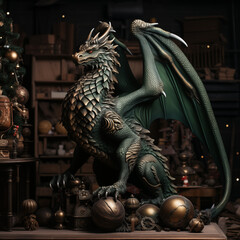 Majestic Green Dragon Sculpture in Ornate Vintage Interior Setting