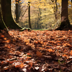 Autumn leaves forming a vibrant carpet in a wooded glade