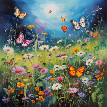 Butterflies dancing among wildflowers in a meadow