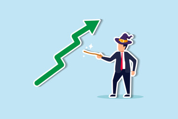 Stock market wizard, expertise trader make profit from crypto or bitcoin, using magic to get rich like miracle concept, businessman investment wizard using magic wand to make stock price rising up.