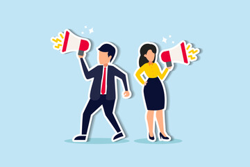 Communicate message, announce job vacancy for hiring, shouting promotion or company communication, warning alert or beware or important message concept, businessman and woman shouting on megaphone.