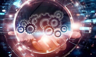 Businessman hand hold gear wheel graphic