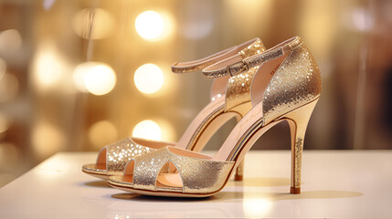 Sparkling Romance. High Heel Fashion Shoes on Wedding Bokeh Background.AI Generative  - obrazy, fototapety, plakaty