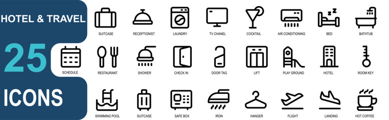 hotel icon set.thick outline style. contains  suitcases, reception, laundry, tv channels, cocktails, ac, bed,restaurant,door, check in, door hanger, lift, swimming pool,flight, landing, hot coffee.
