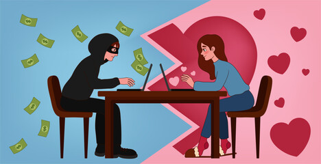 Young woman having online date with fake boyfriend. Concept of internet fraud - obrazy, fototapety, plakaty