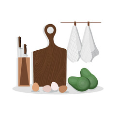 Cutting boards with utensils, towels, eggs and avocados on white background