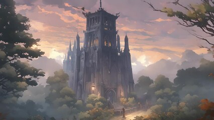 From afar, Brooding Belfry appears almost ghostly, shrouded thick veil mist. bells chime with haunting cadence, though tower itself mourning great loss. 2d animation