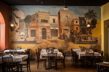 Fototapeta na wymiar GENERATIVE AI Haunting Heritage: Scene: A colonial-era building, now a trendy restaurant, but with a faded mural on its wall depicting a forgotten local legend. Echoes of Lore Lingering