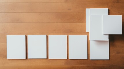 top view photo of square white cards on wooden countertop light airy kitchen