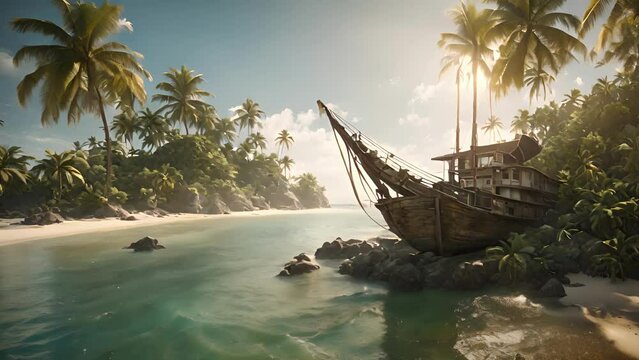 subject stands sandy shoreline Pirate Cove, surrounded palm trees abandoned pirate ships. cove itself hidden gem, with crystal clear waters small waterfall cascading into 2d animation
