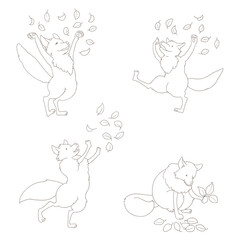 Fototapeta na wymiar 可愛いキツネが落ち葉で遊ぶイラストセット（4匹のキツネ,モノクロ）