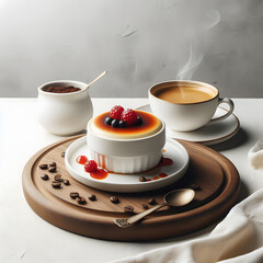 Crema catalana, Creme brulee, wooden tray on white linen tablecloth. Close up french vanilla cream dessert. Spanish crema catalana, layer of caramelized sugar. Creme brulée, Crema catalana, azucar