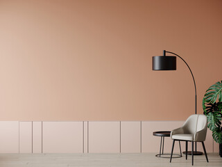 Peach fuzz interior trend color year 2024 in the luxury living room. Painted mockup wall for art - peach orange apricot pastel color. Modern room design office, home. Accent premium lounge. 3d render 