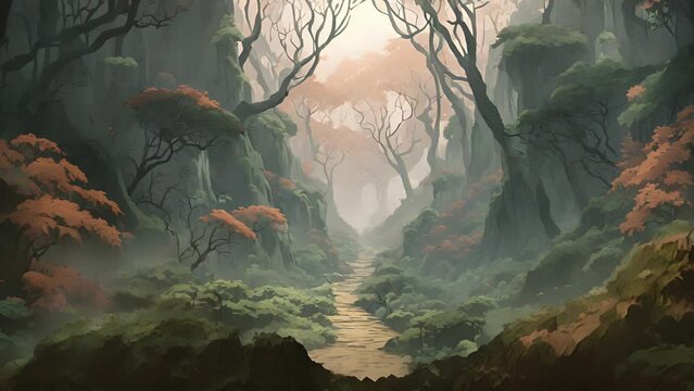 deep, dark ravine Phobia Forest, filled with thick eerie shadows. Shadows various fears take monstrous forms, lurking within mist, waiting challenged defeated those brave 2d animation
