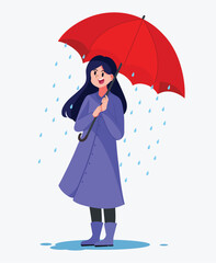 Flat vector woman with umbrella