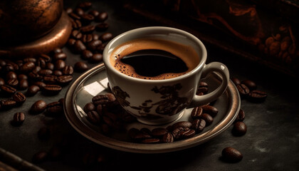 Fototapeta premium Freshly brewed coffee in rustic wooden cup on burlap table generative AI