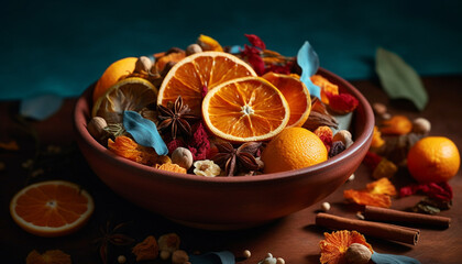 Rustic bowl of fresh citrus slices with aromatic spice decoration generative AI