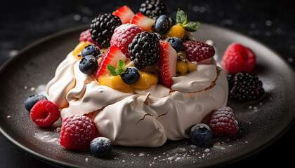 Fresh berry dessert with whipped cream and chocolate sauce indulgence generative AI