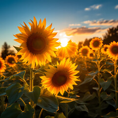 Sunflowers bathed in golden sunlight against a clear sky