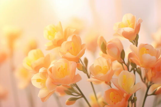 Colorful freesia flowers on soft background, Spring blossom