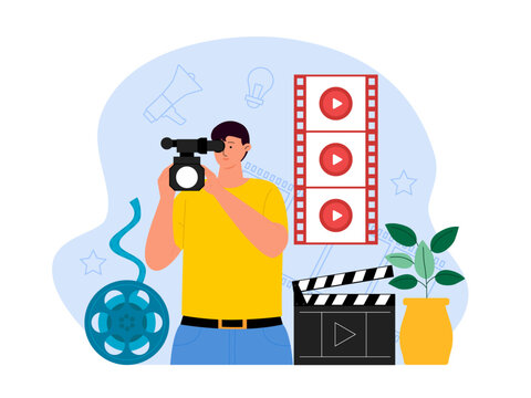 Cameraman is taking pictures. Film industry illustration.
