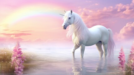 Surreal scene of a unicorn amidst pink flowers under a soft, pastel sunset. - obrazy, fototapety, plakaty