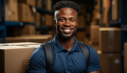 Obraz premium A confident young man working in a warehouse, delivering packages generated by AI