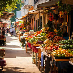 Fototapeta na wymiar Vibrant street market stalls offering fresh produce and crafts.