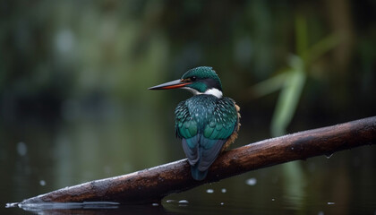 Obraz premium Colorful kingfisher perches on branch, watching over tranquil pond generative AI