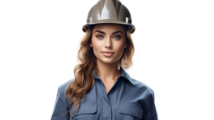 Portrait of a skilled worker woman with safety helmet on white background 