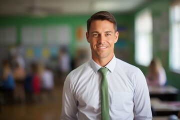 Fototapeta premium Portrait of happy teacher in classroom