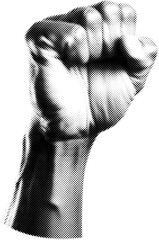 Fist hand gesture in halftone dots texture, isolated black and white vector design element