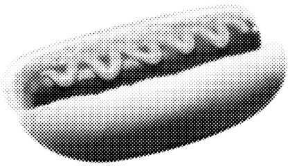 Hotdog in halftone dots texture, isolated black and white vector design element - obrazy, fototapety, plakaty