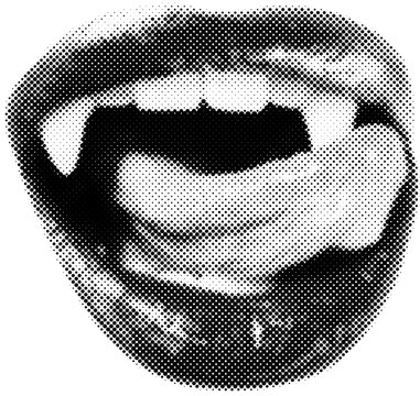 Vampire fang lips in halftone dots texture, isolated black and white vector design element