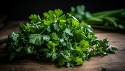 Fresh green herbs and vegetables garnish a healthy gourmet meal generative AI