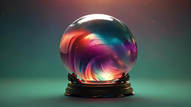 Minimal animation of a crystal ball, swirling with mystical colors and patterns.