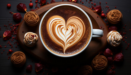 Hot drink on wooden table, frothy heart shaped cappuccino with chocolate generated by AI