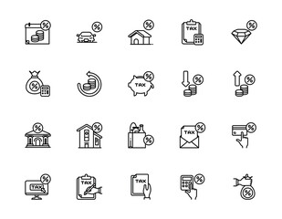 Set of outline icons related to tax. Editable stroke. Outline icons suitable for web, infographics, interface, and apps.