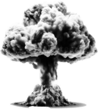 recommend clip art: Atomic bomb explosion in halftone dots texture, isolated black and white vector design element