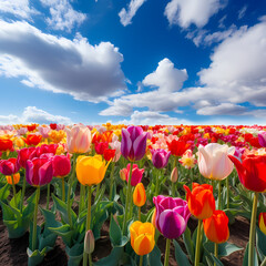 A field of tulips in various hues under a clear spring sky