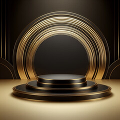 Product Podium . Gold and Black, Podium, Background. 3D Illustration, leaves, squares, circles, flower, frame, vector, design, decoration, pattern, light, art, gold, shape, business, concept