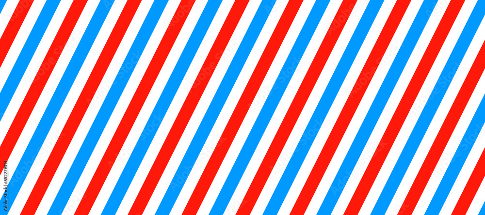 Poster Barber shop pole background. Abstract diagonal line seamless pattern. Striped repeating wallpaper. Red, white and blue candy cane repeated texture. Vector wrapping paper backdrop. 