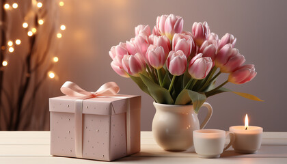 A gift of love a pink tulip bouquet on a wooden table generated by AI - obrazy, fototapety, plakaty